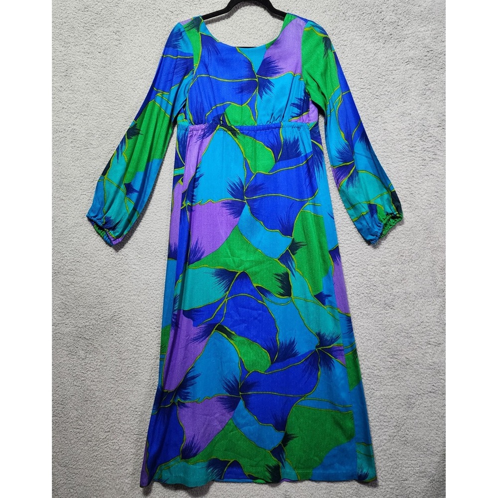 Karen‎ Ann Vintage Womens Dress Emperor Waist Blue Floral Hawaiian 60's 70's